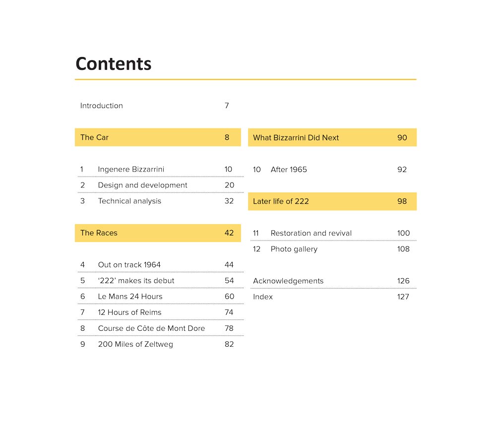 Bizzarrini book contents page