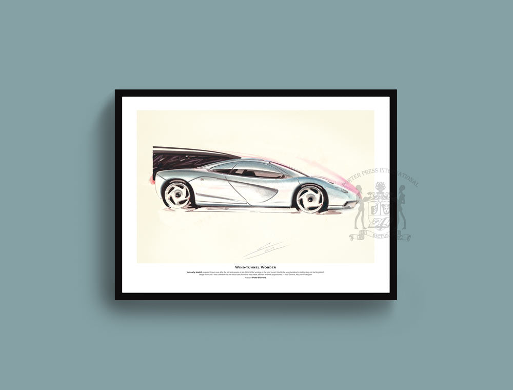 Peter Stevens car sketch in black frame