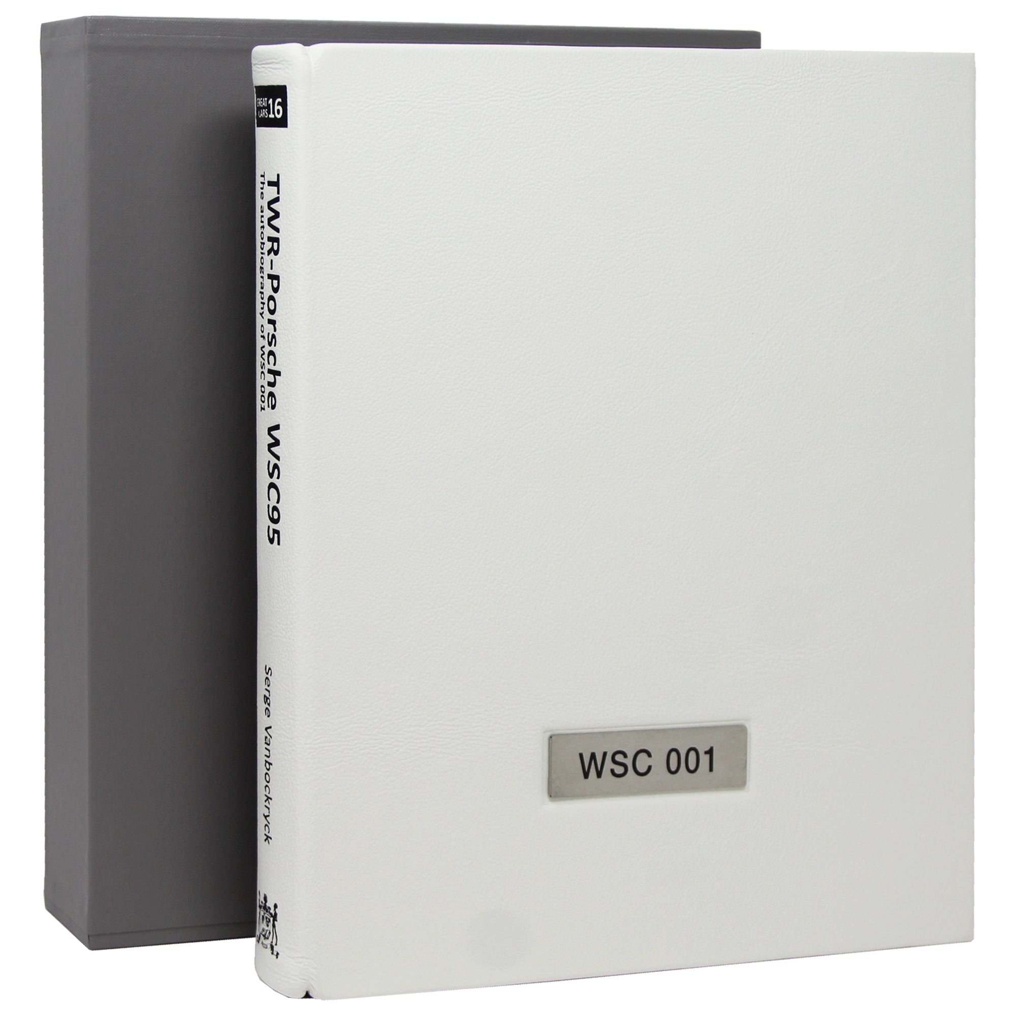 Collector’s edition of TWR Porsche book with  white leather and grey slipcase