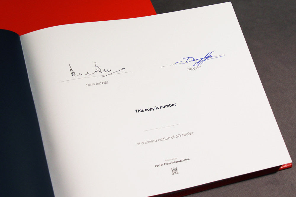 Derek Bell and Doug Nye signatures in ROFGO book